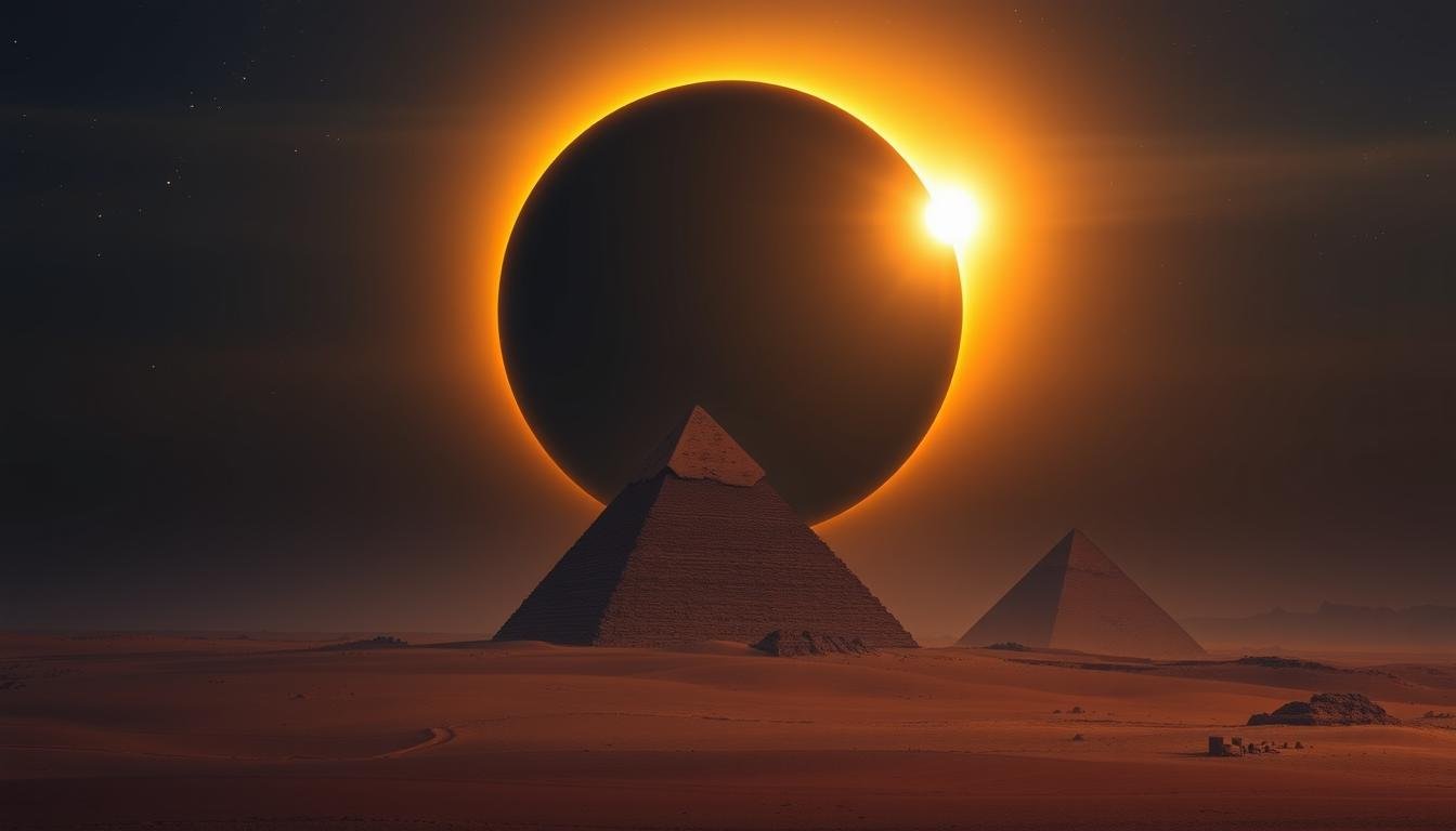 2027 Total Solar Eclipse over Egyptian pyramids and desert landscape