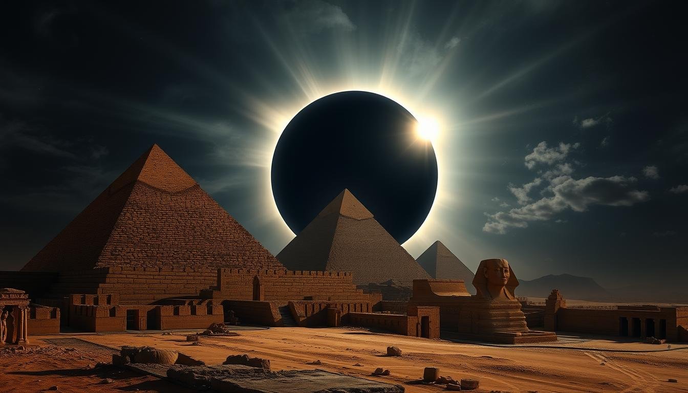 2027 solar eclipse over Egyptian pyramids and temples