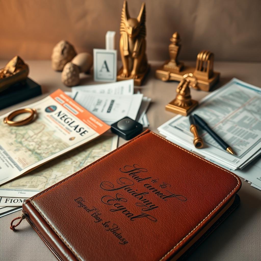 A detailed, meticulously planned itinerary for a luxurious journey through Egypt's timeless wonders. In the foreground, a leather-bound travel journal with elegant calligraphy, surrounded by a collection of maps, tickets, and neatly organized travel documents. The middle ground features an array of iconic Egyptian artifacts - a carved scarab, a gilded ankh, and a small statue of Anubis, set against a backdrop of muted, earthy tones. Soft, warm lighting casts a gentle glow, evoking the ambiance of a bygone era. The overall mood is one of refined sophistication, meticulous preparation, and anticipation for the unforgettable experiences that lie ahead.