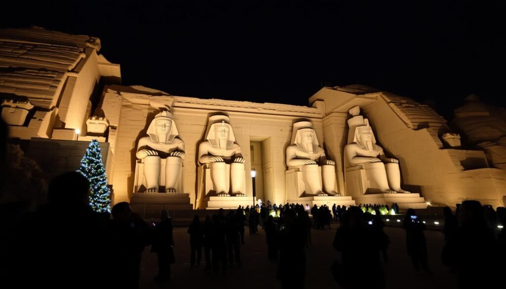 Abu Simbel temples illuminated with special holiday lighting during the Christmas season