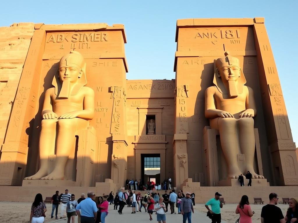 Abu Simbel temples with tourists for scale showing the massive facade