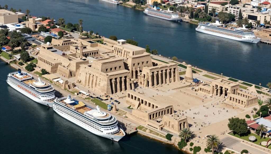 Aerial view of Luxor Temple and Karnak Temple complex along the Nile River with cruise ships docked nearby