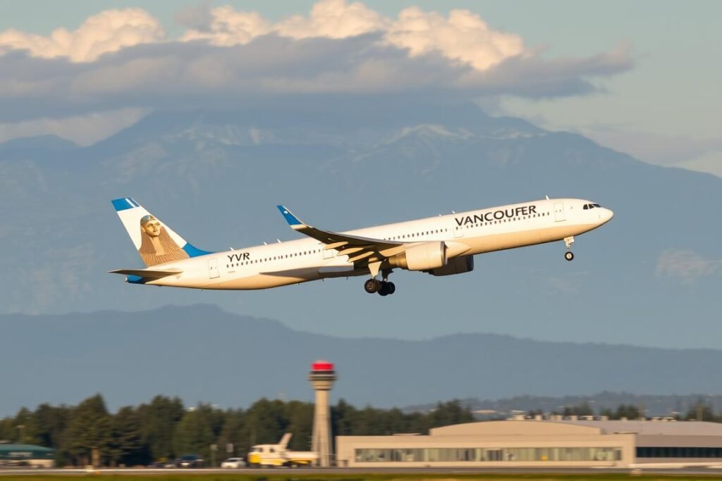 Airplane taking off from YVR airport headed to Egypt for Egypt Tours from Vancouver 2026/2027