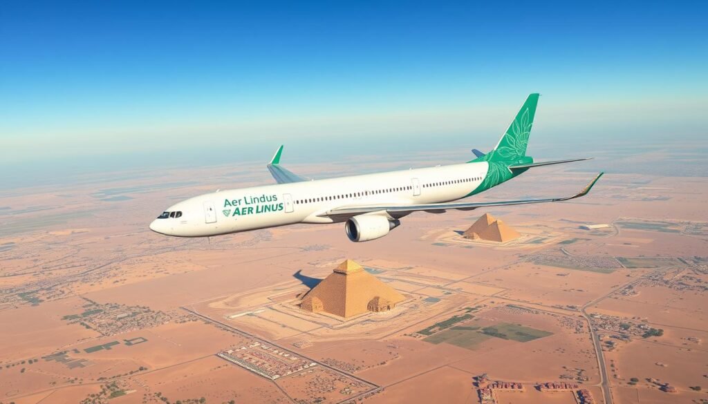 Airplane with Aer Lingus livery flying over Egyptian landscape for Egypt Tours from Ireland 2026/2027