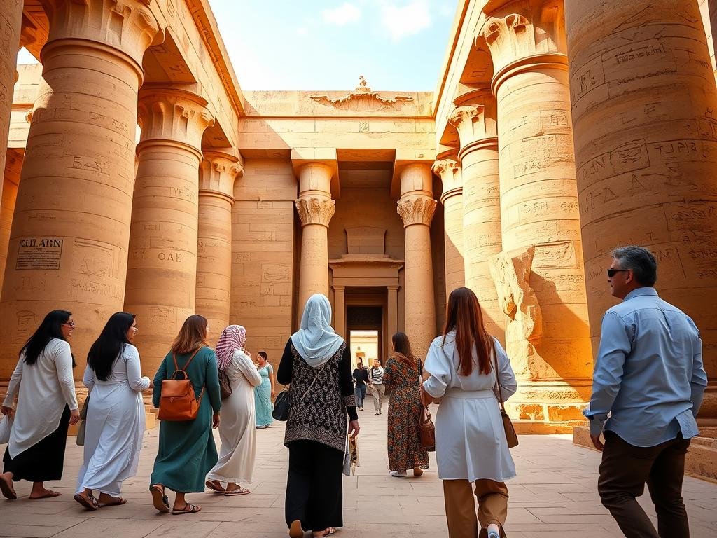 American tourists respectfully dressed at Egyptian temple for Egypt Tours from New York 2026/2027