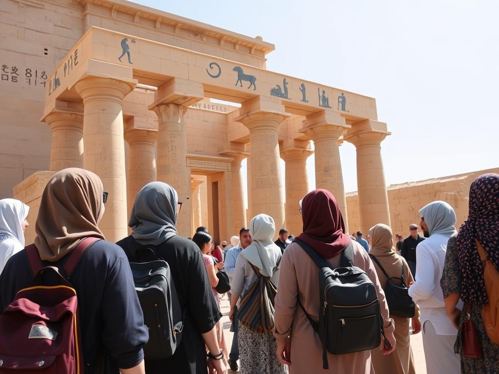 American tourists respectfully dressed at Egyptian temple