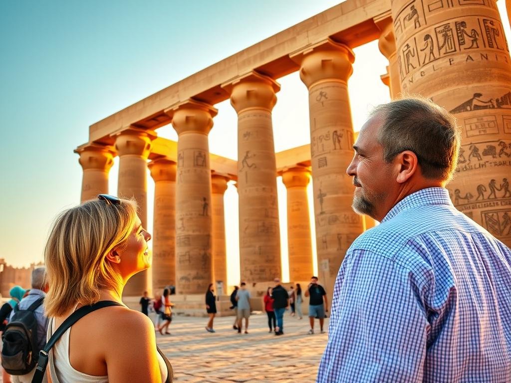 Australian couple at Karnak Temple in Luxor during golden hour - 6 Days Affordable Egypt Tour for 2026/2027