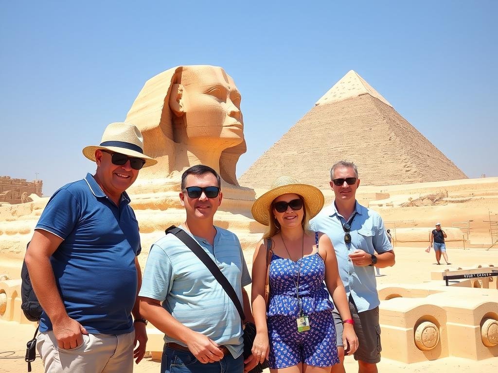 Australian family exploring the Great Sphinx with Cairo Pyramids in background - 5 Days Cairo Short Break package for 2026/2027