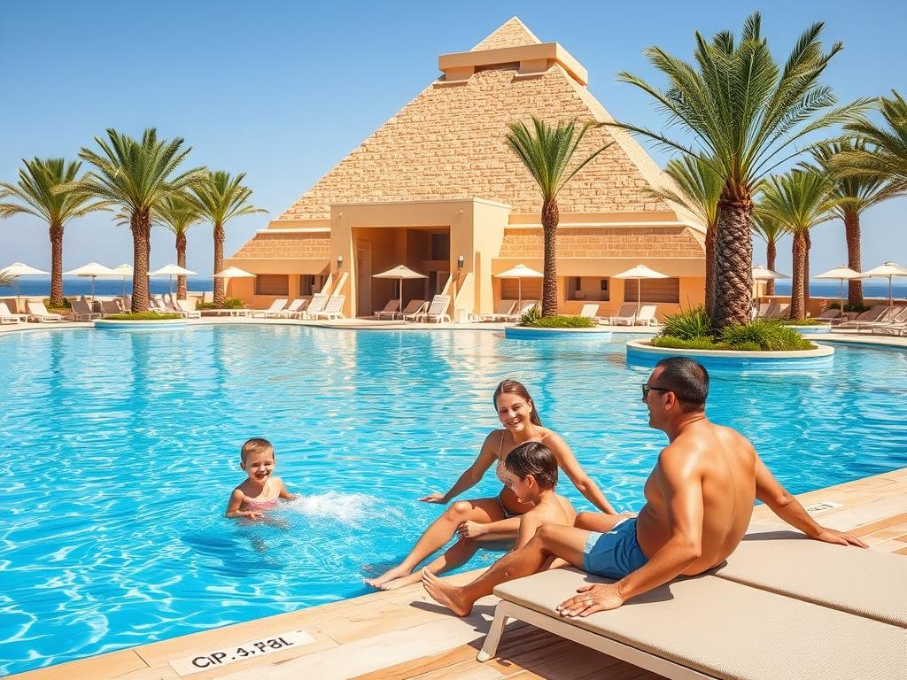 Australian family relaxing at Hurghada beach resort with pyramids-themed pool - 12 Day Guided Tour to Egypt for 2026/2027