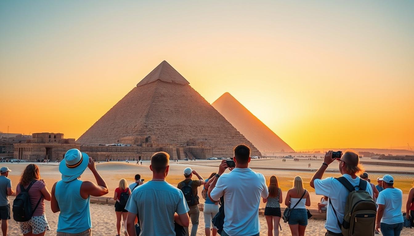 Australian tourists admiring the Pyramids of Giza at sunset - Egypt Tours from Australia 2026/2027
