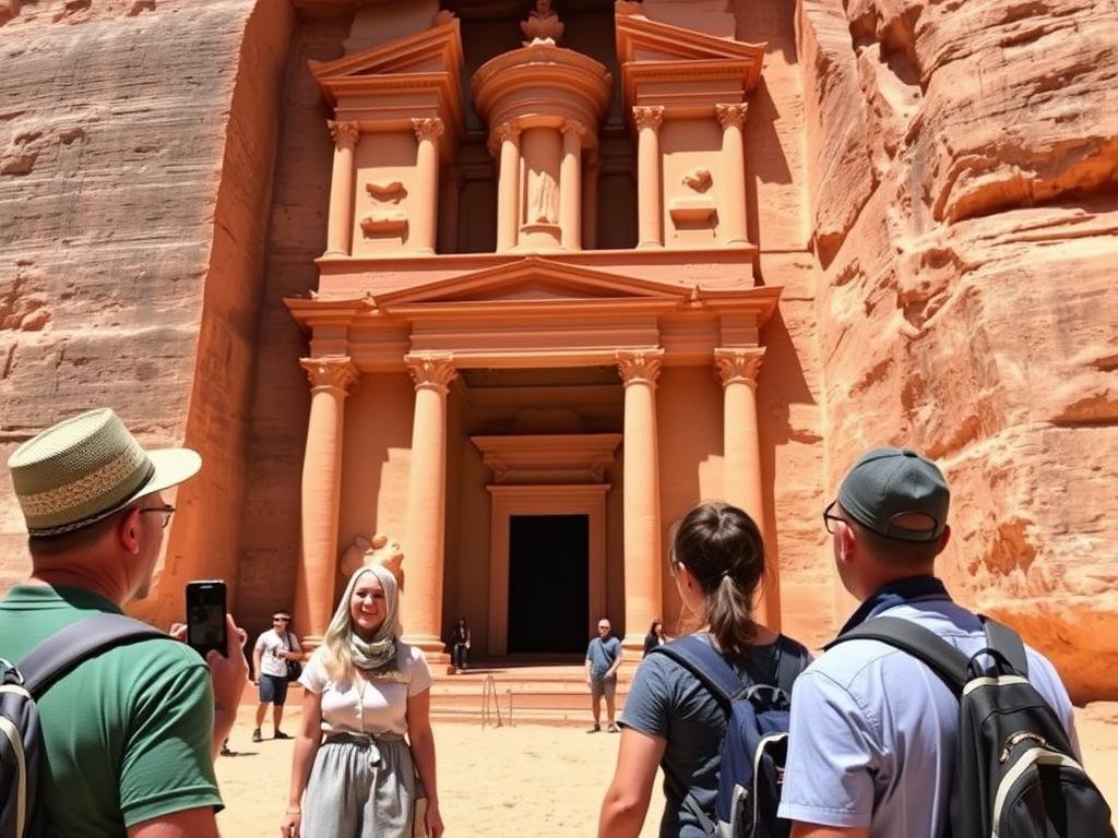 Australian travelers at Petra Treasury in Jordan with local guide - Egypt and Jordan Tour 2026/2027