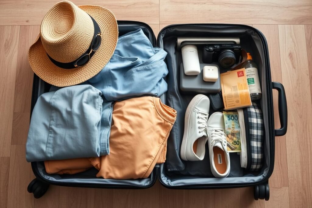 Australian traveler's suitcase packed with Egypt-appropriate clothing and essentials for 2026/2027 trip