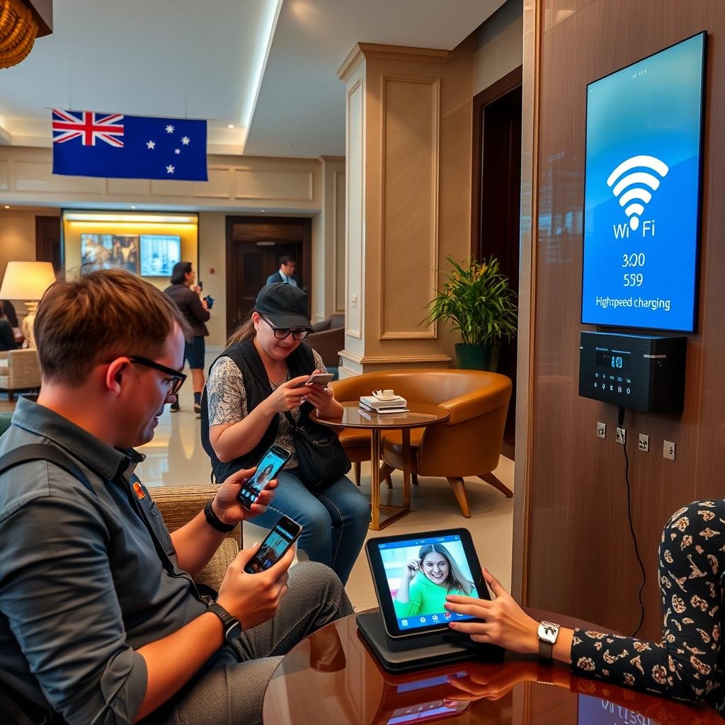 Australian travelers using high-speed WiFi and charging stations during Egypt tour for 2026/2027 packages