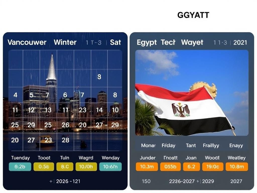 Calendar showing optimal months for Egypt Tours from Vancouver 2026/2027 with weather comparison