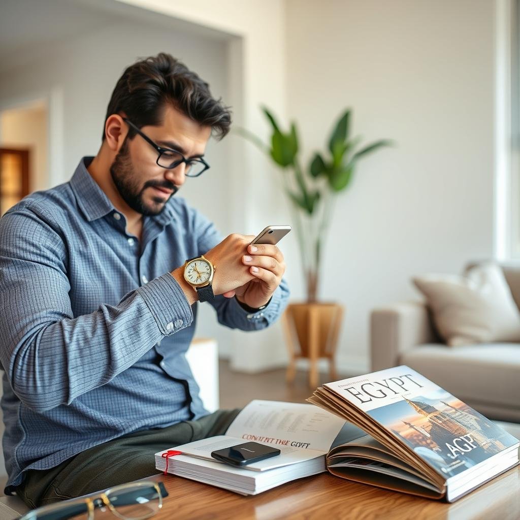 California traveler preparing for Egypt time adjustment before flight