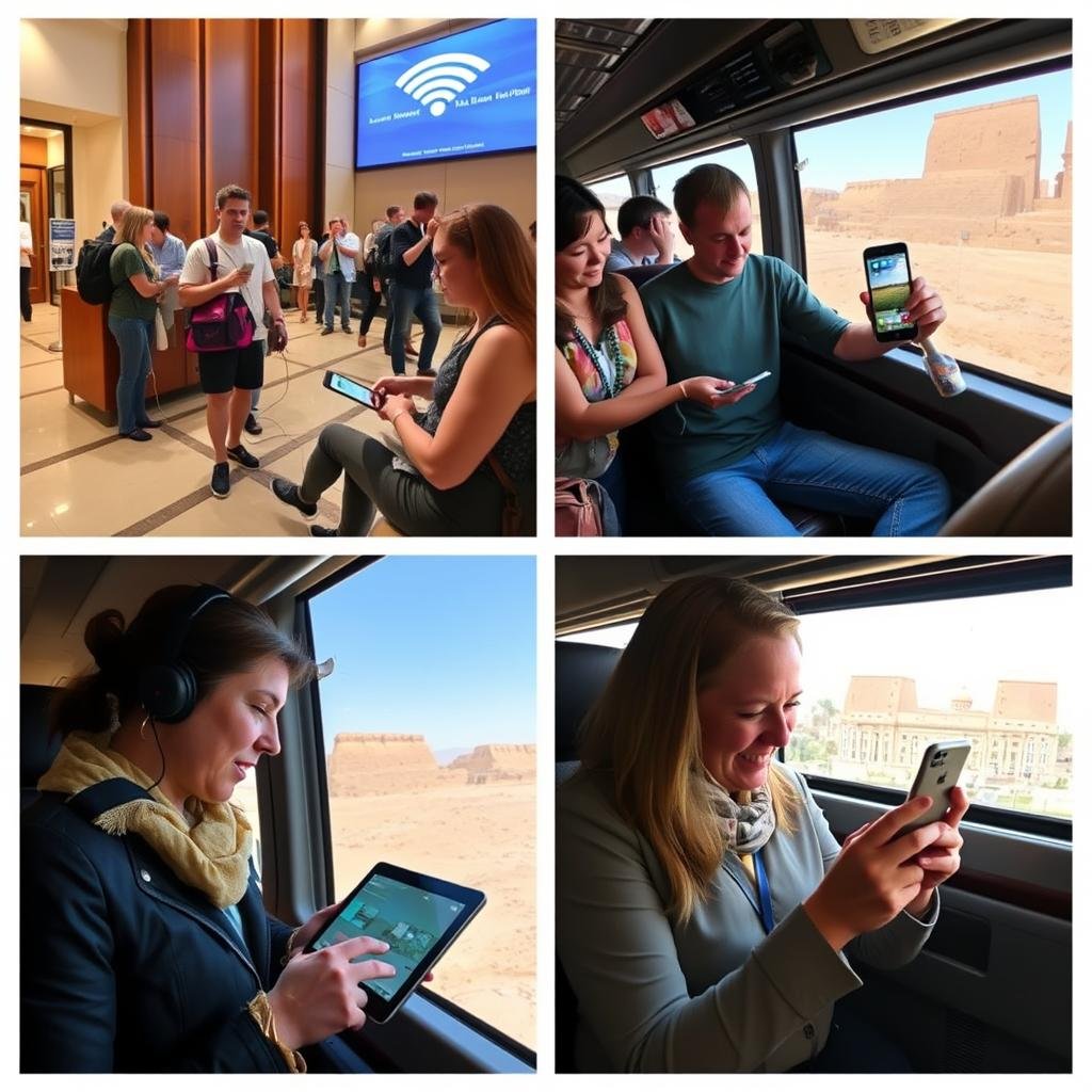 California travelers enjoying tech amenities during Egypt tour