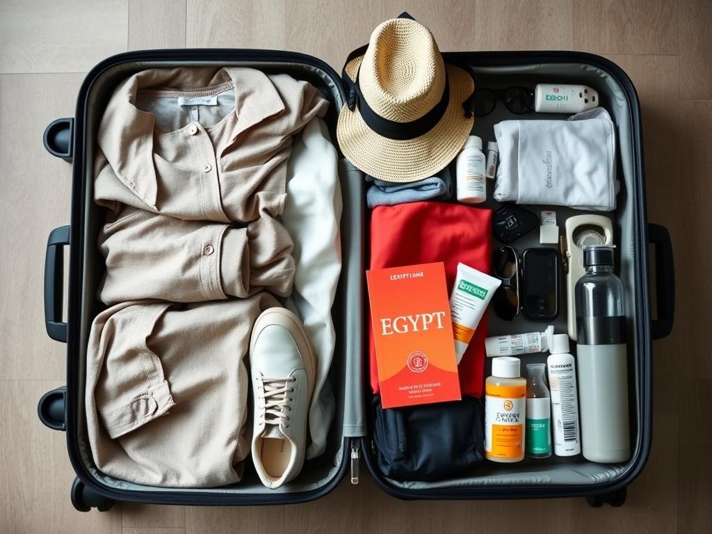 California traveler's suitcase packed for Egypt trip with essential items