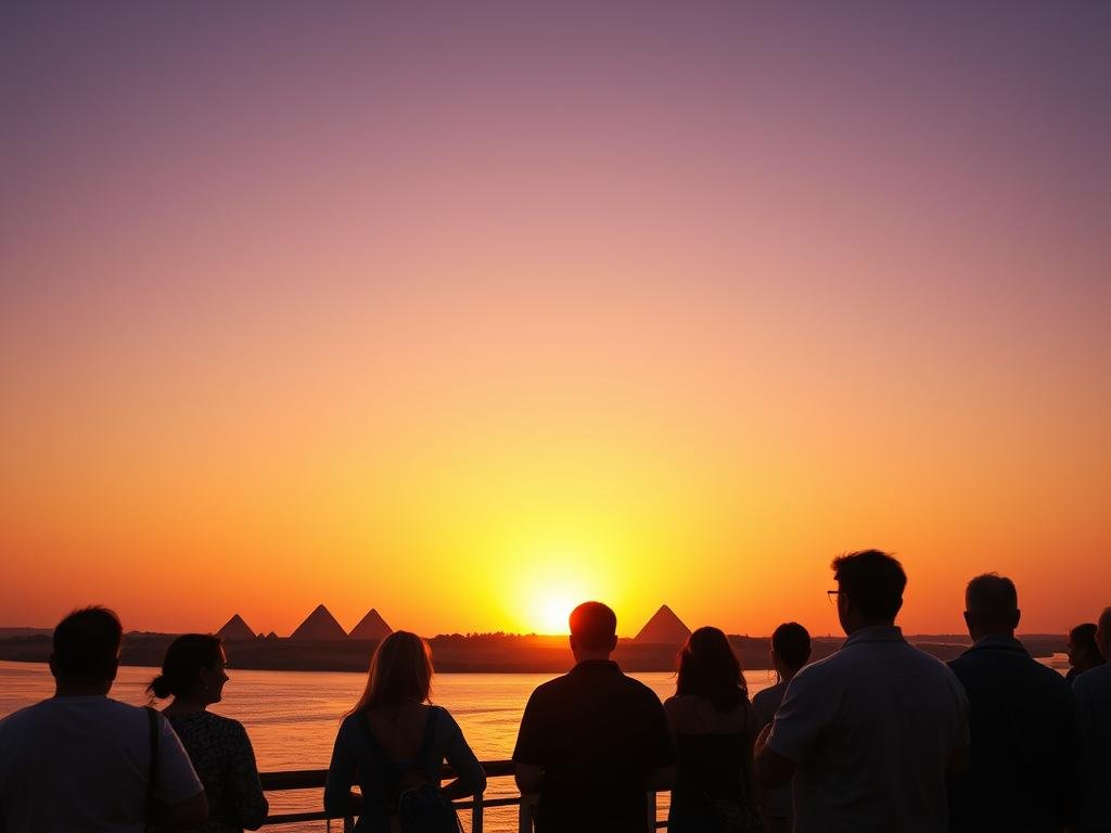 California travelers watching sunset over the Nile with pyramids silhouette - Egypt Tours from California