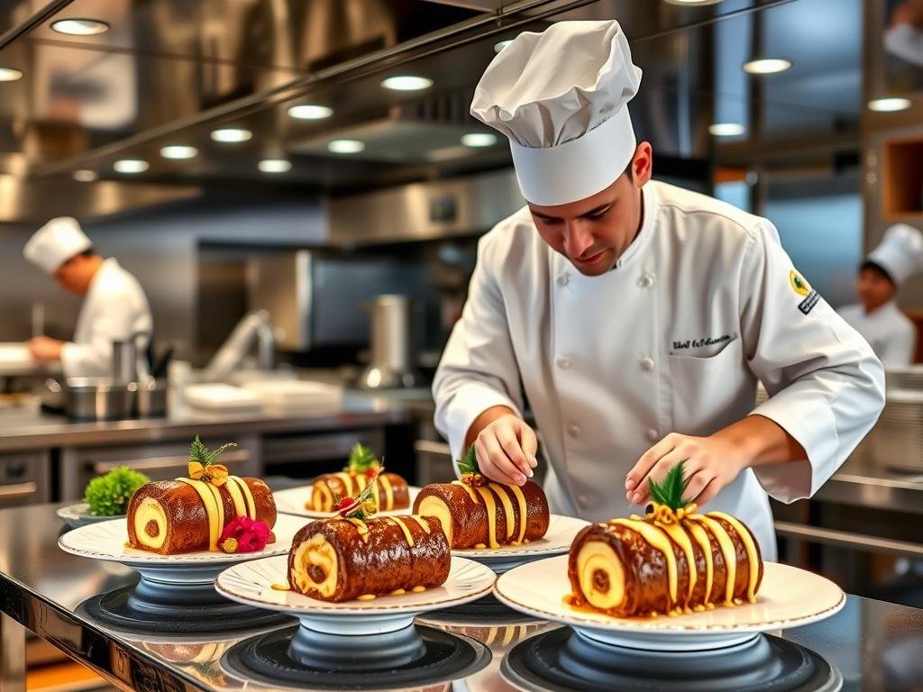 Chef preparing special Christmas desserts with Egyptian influences on a Nile cruise ship
