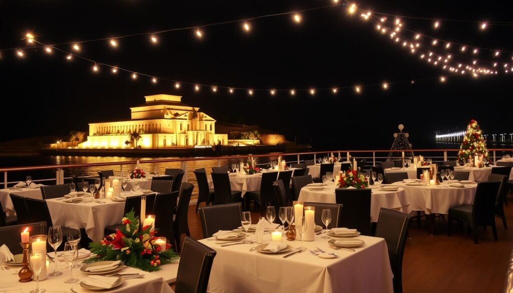Christmas Eve gala dinner setup on the deck of a Nile cruise ship with temple views and festive decorations