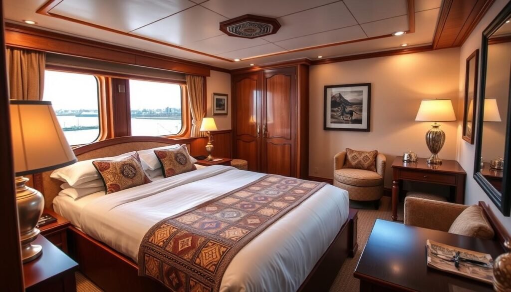 Comfortable cabin interior on a Nile cruise ship with large window and elegant furnishings