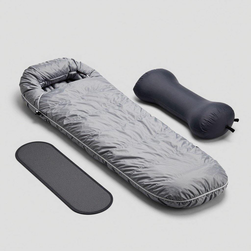Compact travel sleep system with lightweight sleeping bag and inflatable pillow for desert camping extensions