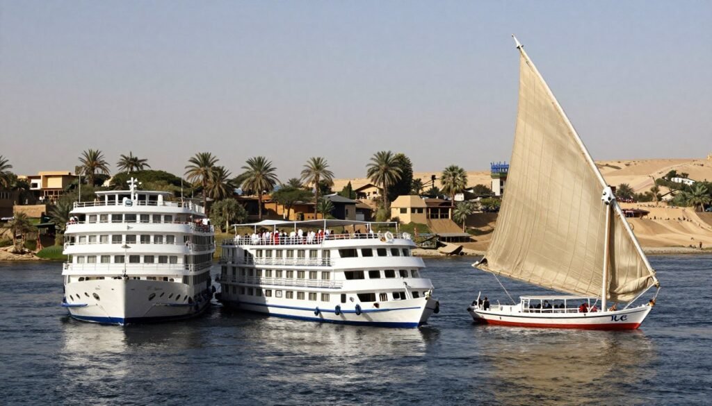 Comparison of different Nile cruise types - luxury ship, deluxe vessel, and traditional dahabiya