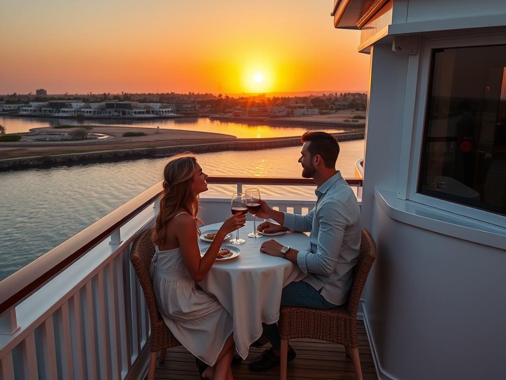 Couple enjoying private dinner on their Nile cruise balcony during sunset in spring season Couple enjoying private dinner on their Nile cruise balcony during sunset in spring season