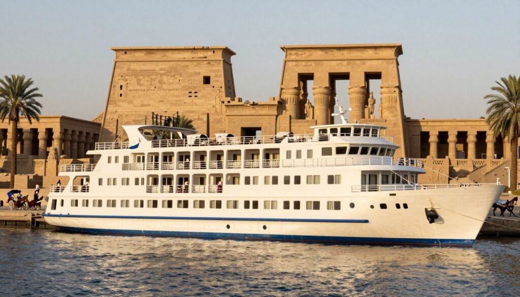 Deluxe Nile cruise ship docked at Luxor with the temple visible in the background