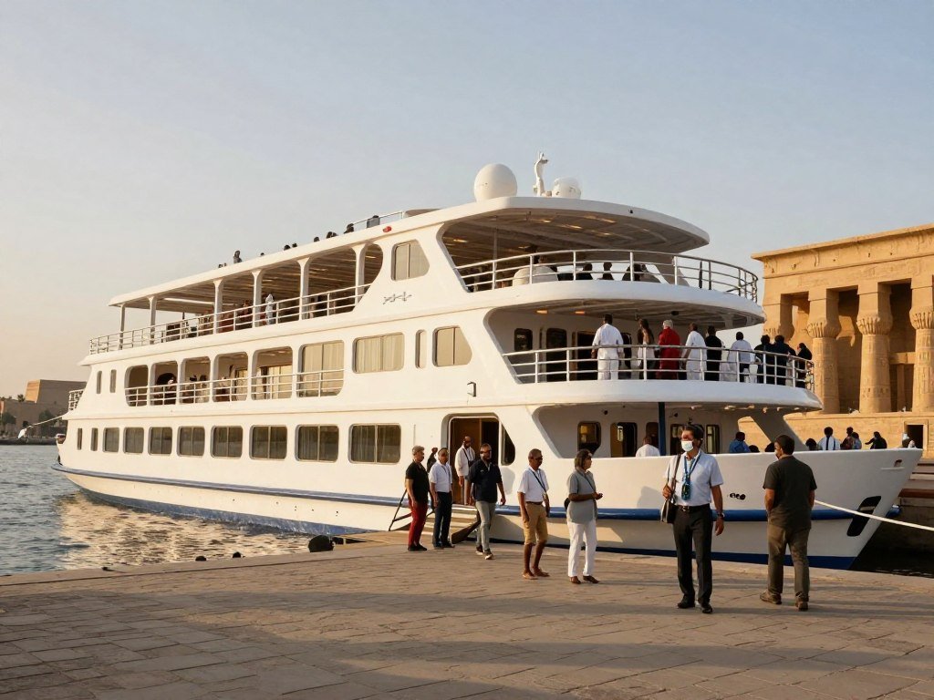 Deluxe Nile cruise ship docked at temple with passengers disembarking for a guided tour