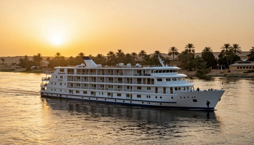 Deluxe Nile cruise ship sailing at sunset with golden light reflecting on the water, showcasing the ideal time to experience the Nile