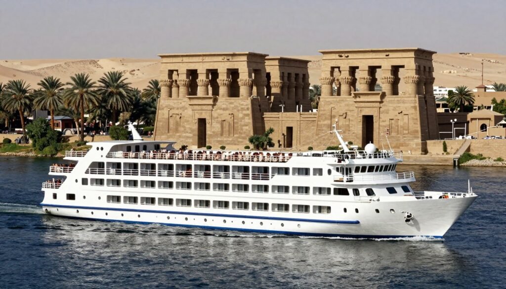 Deluxe Nile cruise ship sailing near Kom Ombo Temple