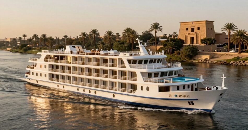 Deluxe Nile cruise ship sailing past ancient Egyptian temples at sunset