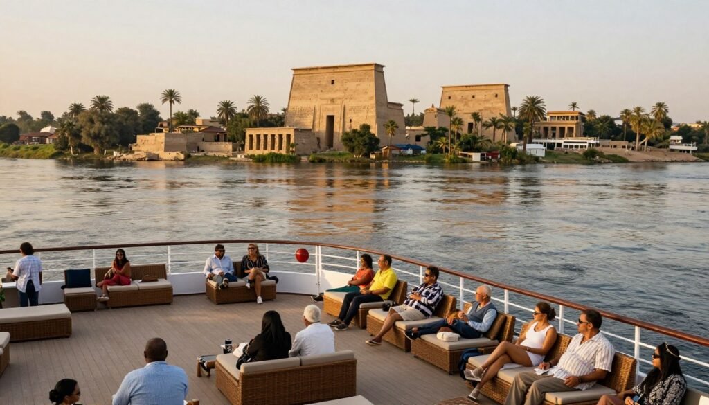 Deluxe Nile cruise ship with passengers enjoying the sun deck