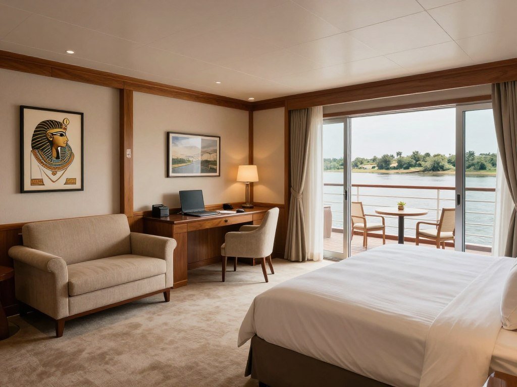 Deluxe suite with private balcony on a Nile cruise ship
