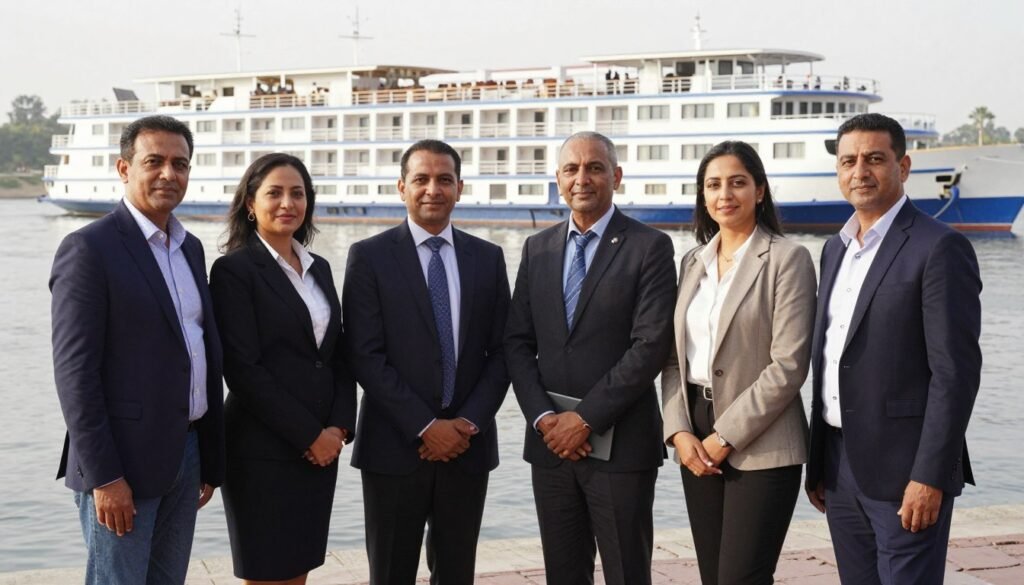 Egypt Planners team of local experts with a deluxe Nile cruise ship