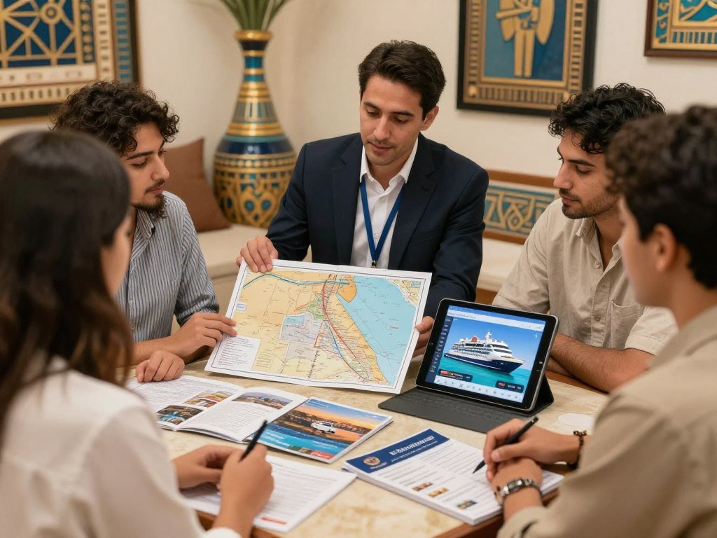 Egypt Planners travel specialist helping clients plan their deluxe Nile cruise with maps and brochures
