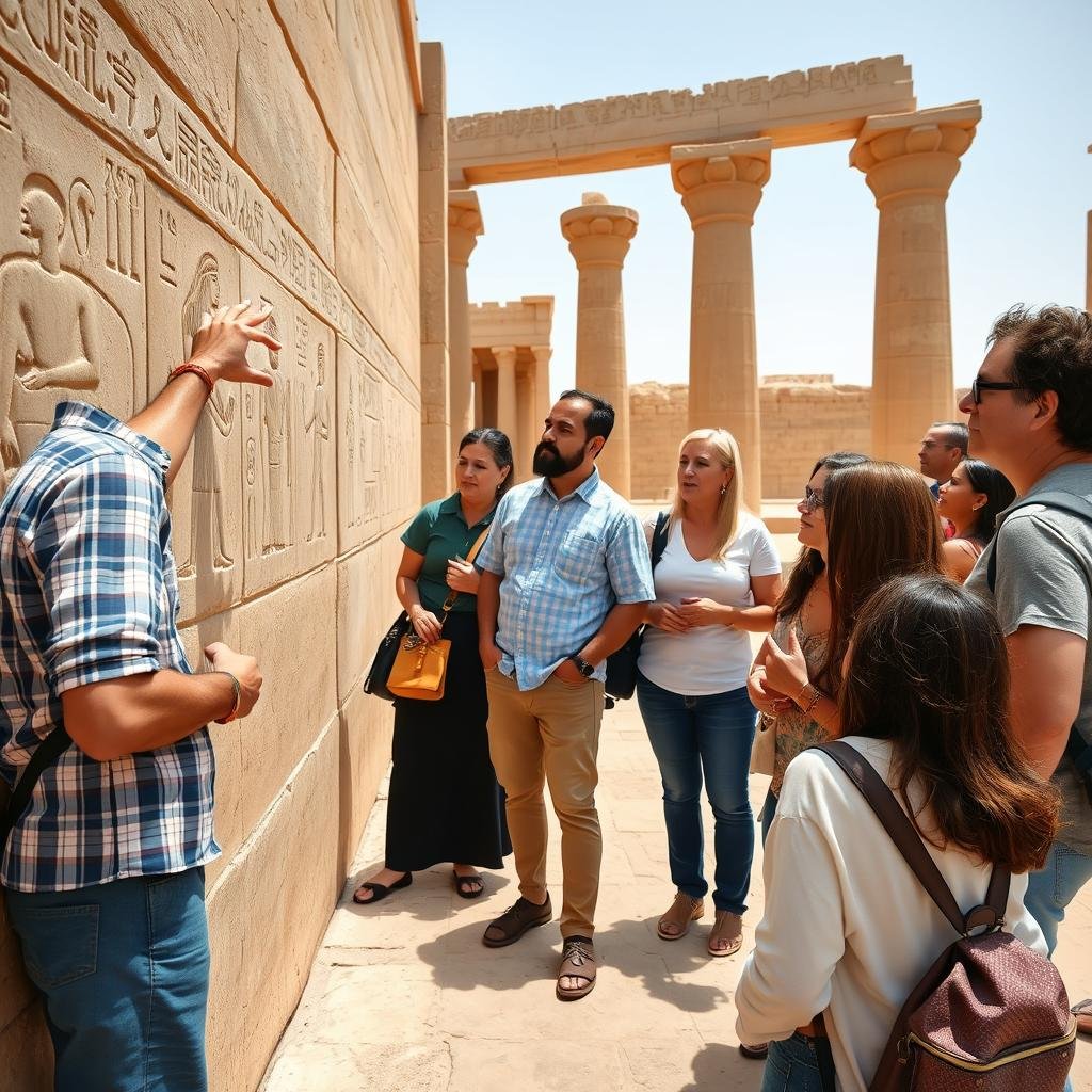 Egyptian-American guide with California tourists at temple site