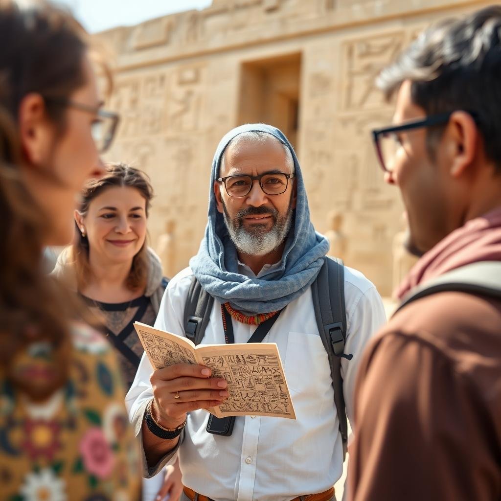 Egyptian Egyptologist guide explaining hieroglyphics to tourists