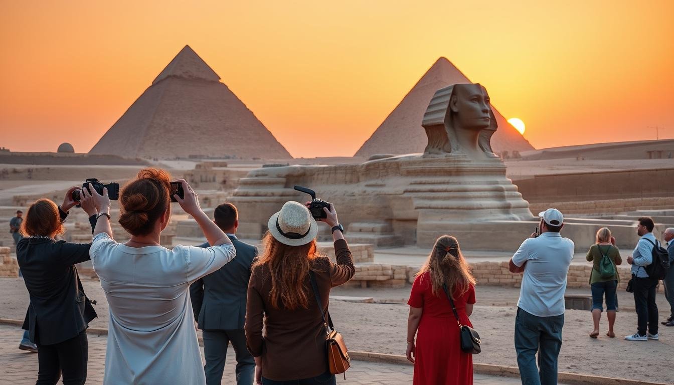 Egyptian pyramids and sphinx with New York travelers exploring the Giza plateau during sunset for Egypt Tours from New York 2026/2027