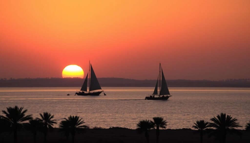 Egyptian sunset over the Nile River with feluccas sailing