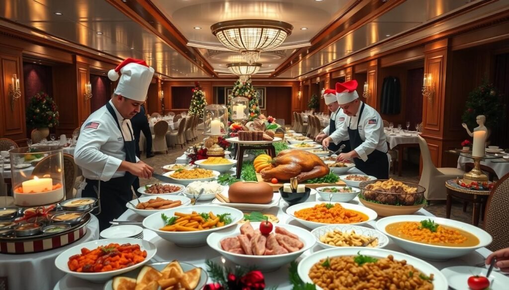 Elaborate Christmas dinner buffet on a Nile cruise ship featuring both traditional holiday dishes and Egyptian specialties