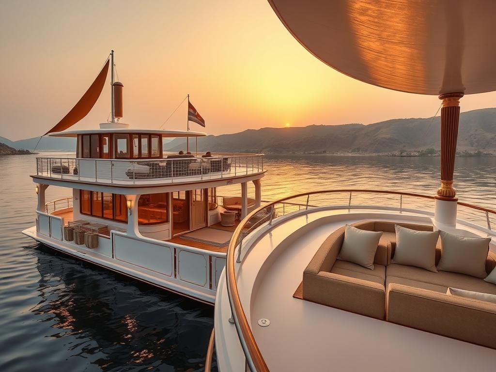 Elegant Sanctuary Sun Boat IV sailing on the Nile with Art Deco-inspired design and spacious sundeck Elegant Sanctuary Sun Boat IV sailing on the Nile with Art Deco-inspired design and spacious sundeck