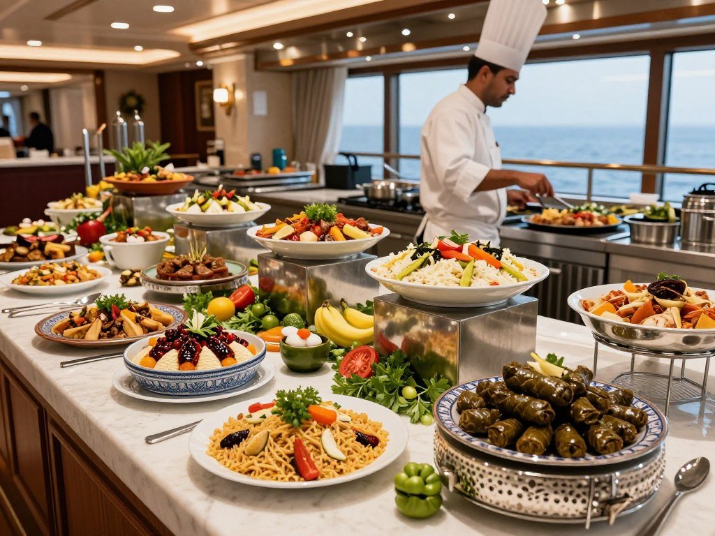 Elegant buffet spread with Egyptian and international cuisine on a deluxe Nile cruise