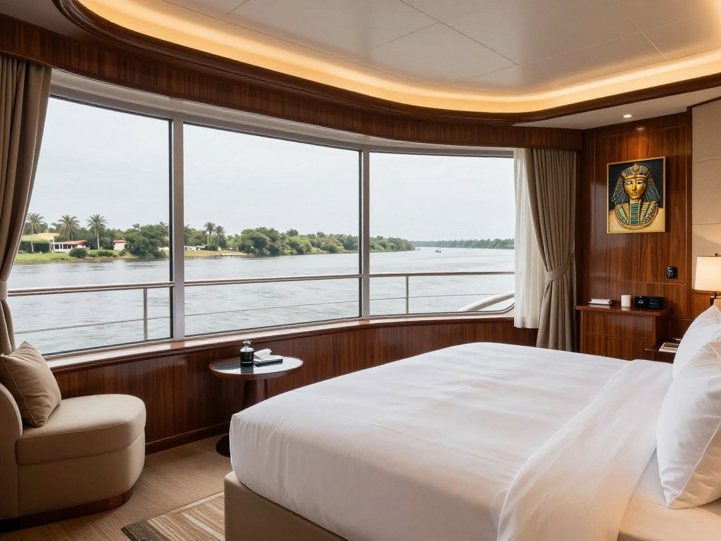 Elegant deluxe cabin on a Nile cruise ship with panoramic river views