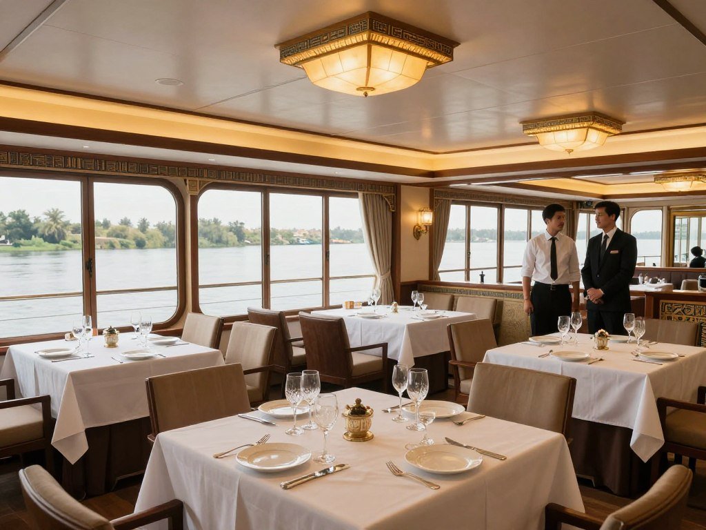 Elegant dining room on a deluxe Nile cruise with white tablecloths and Nile views