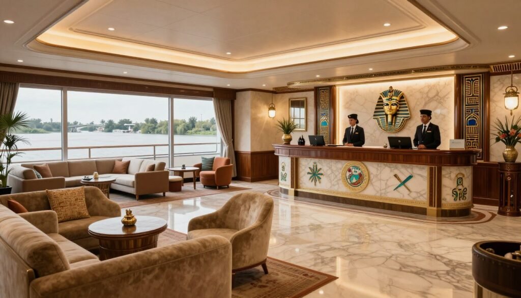 Elegant lobby and reception area of a deluxe Nile cruise ship