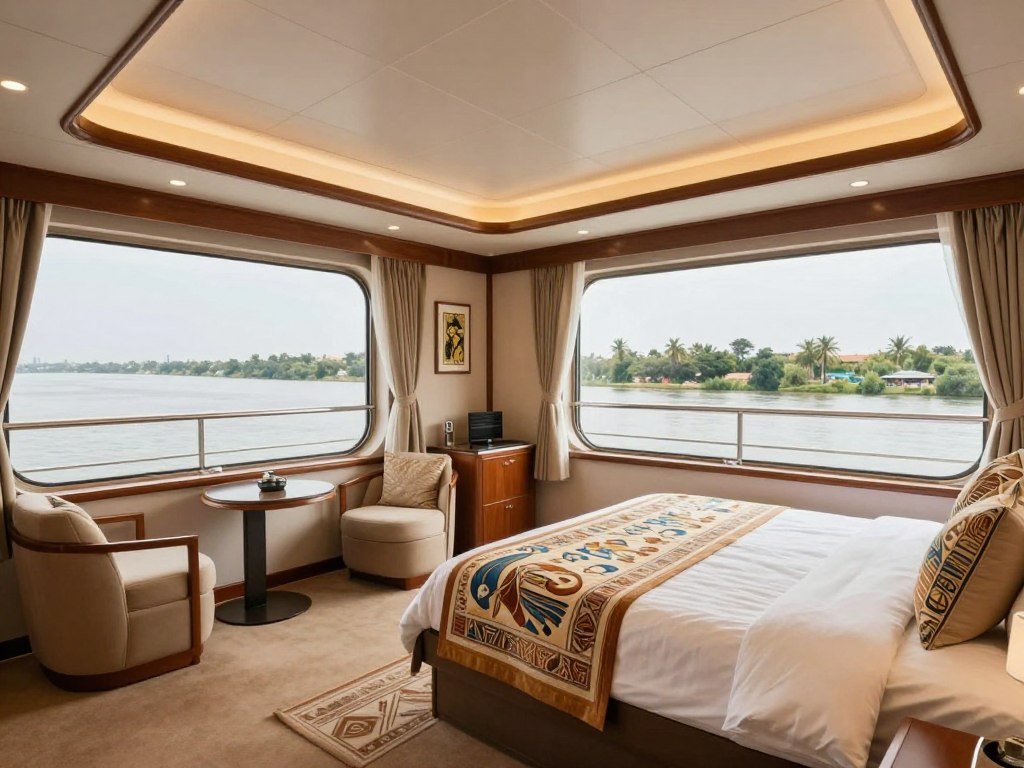 Elegant suite on a deluxe Nile cruise ship with large windows, traditional decor, and Nile views