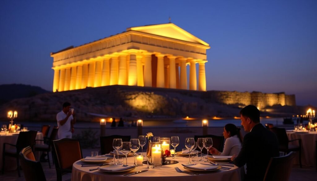 Exclusive private dinner setup in front of illuminated Philae Temple with luxury table settings and personal butler service Exclusive private dinner setup in front of illuminated Philae Temple with luxury table settings and personal butler service