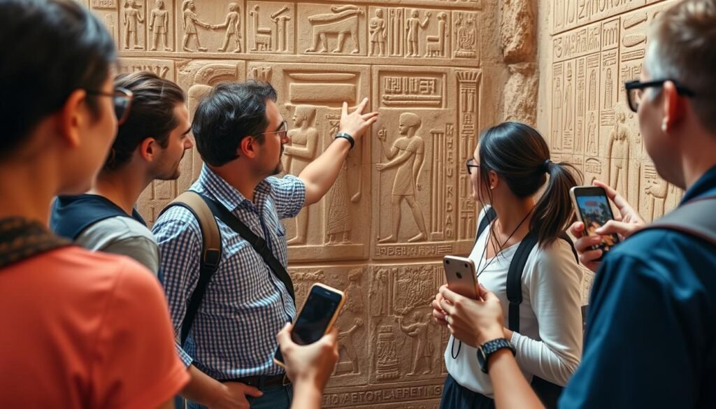 Expert local Egyptologist guide explaining hieroglyphics to British tourists - Best Egypt Tour Packages from UK for 2026
